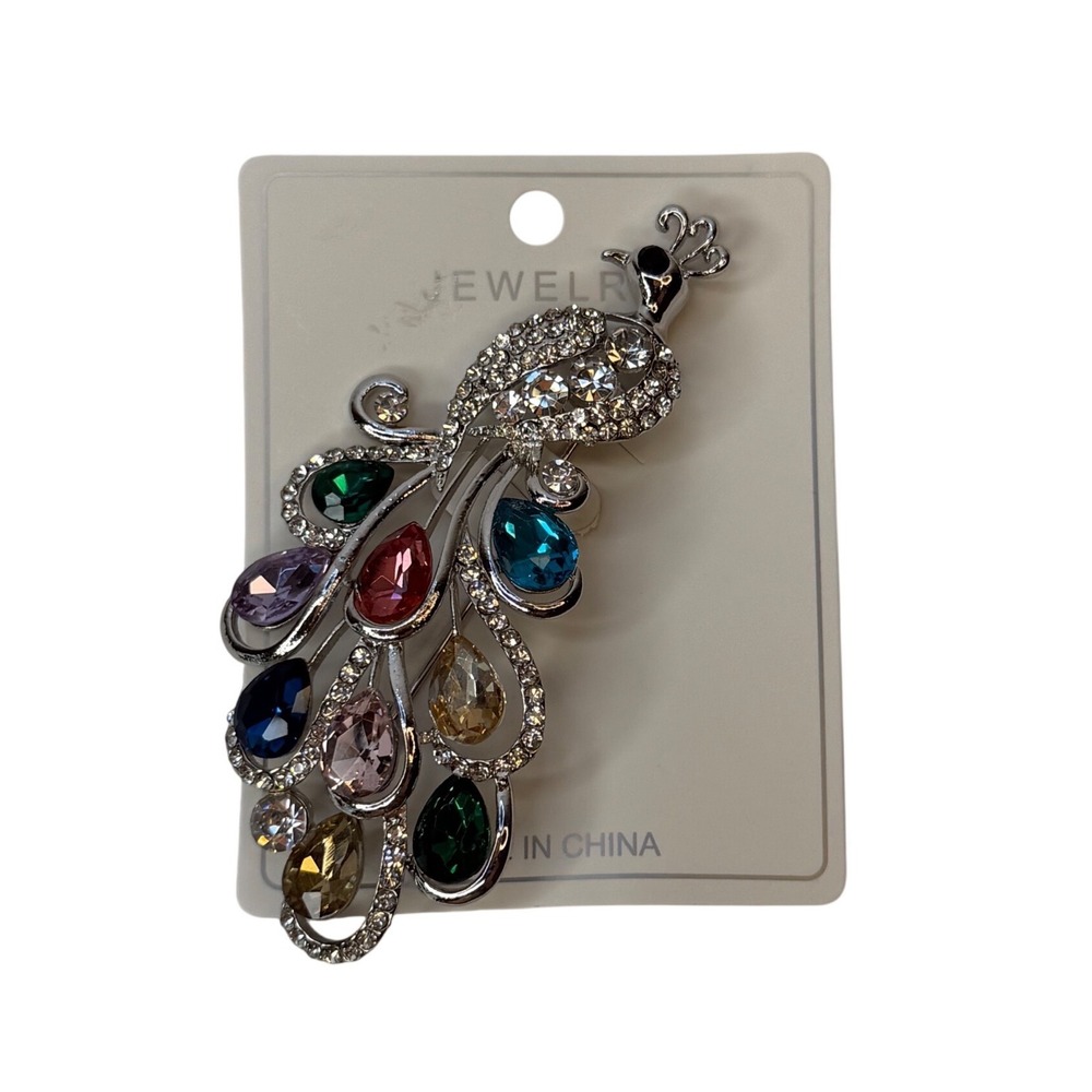 Multicolor Crystal Peacock Brooch Silver Tone Rhinestone Bird Statement Pin Y2K